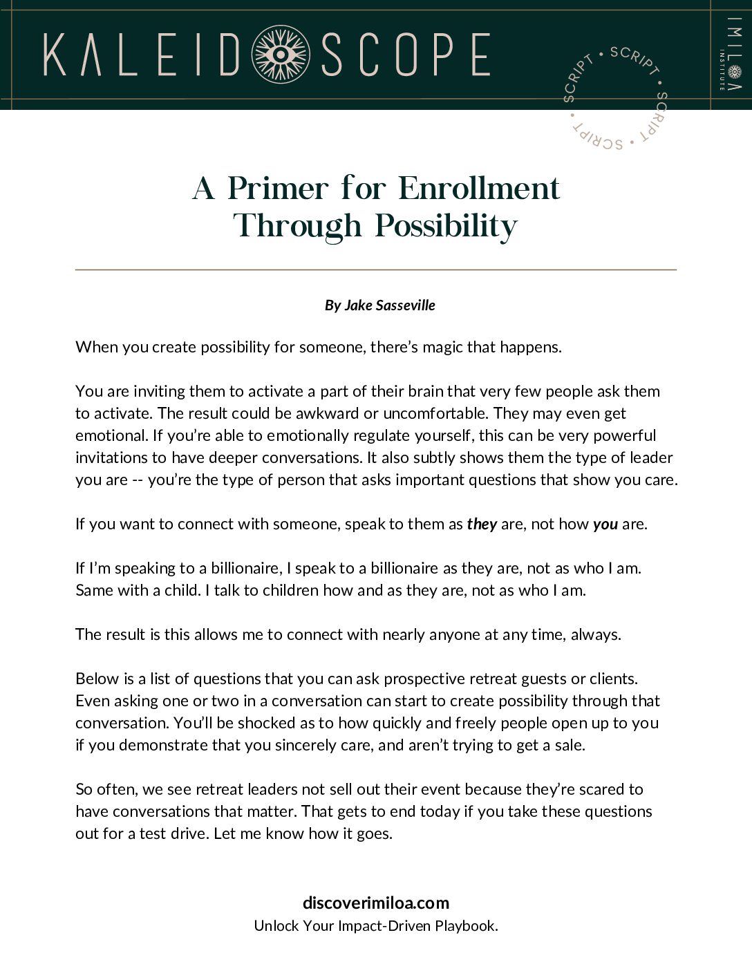 Script - A Primer for Enrollment through Possibility