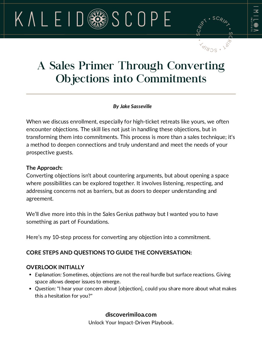 Script - A Sales Primer Through Converting Objections into Commitments